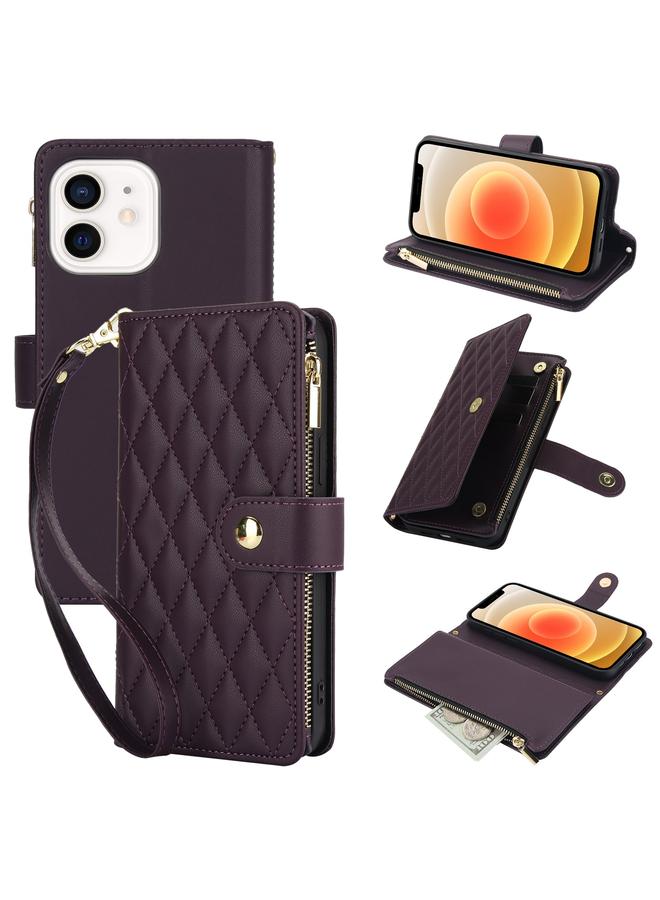 Zaboon Case For iPhone 12 / 12 Pro YM016 Rhombic Zipper Card Wallet Leather Phone Case with Lanyard - Image 1