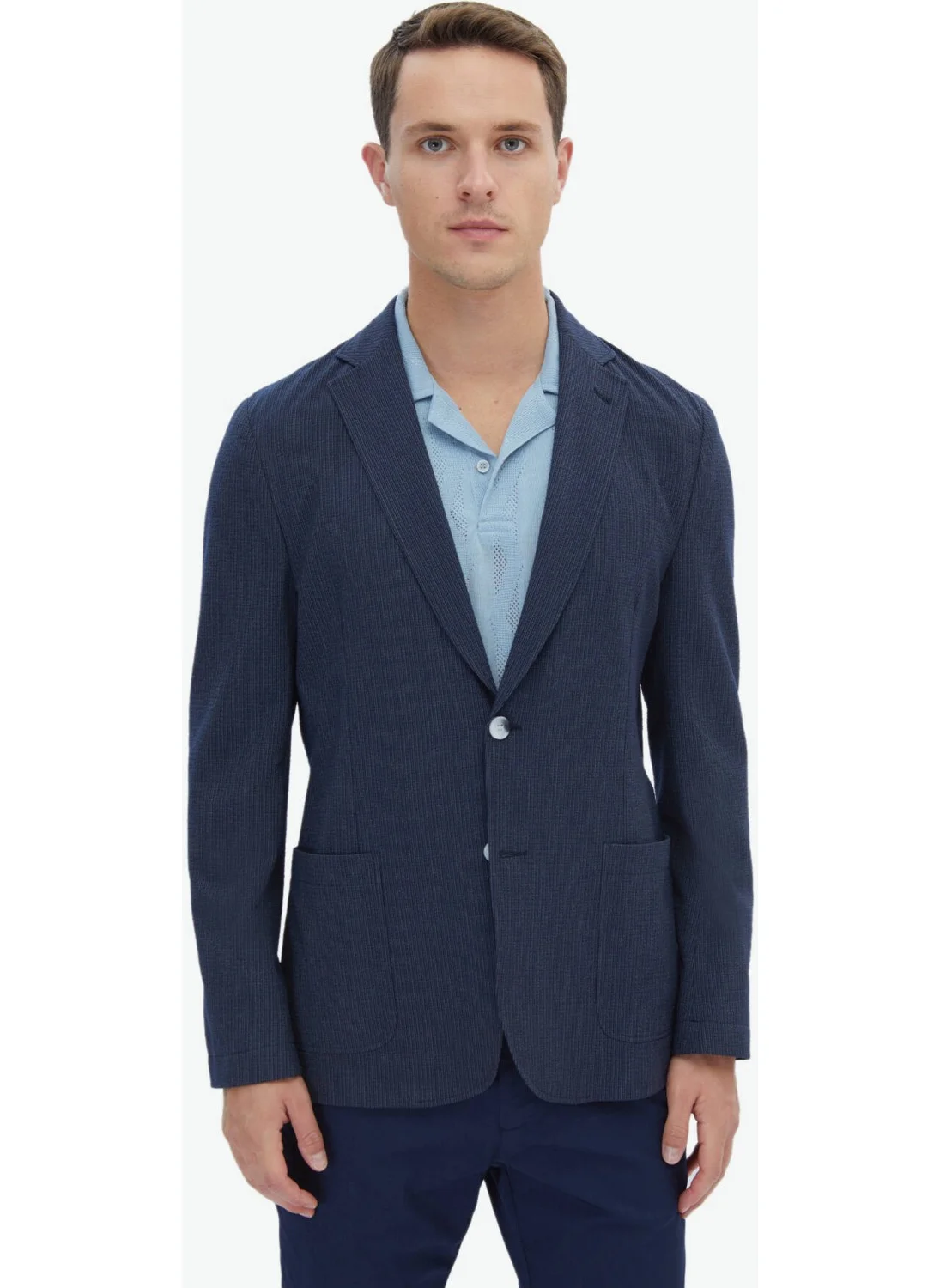 Kip Navy Blue Striped Modern Fit Jacket