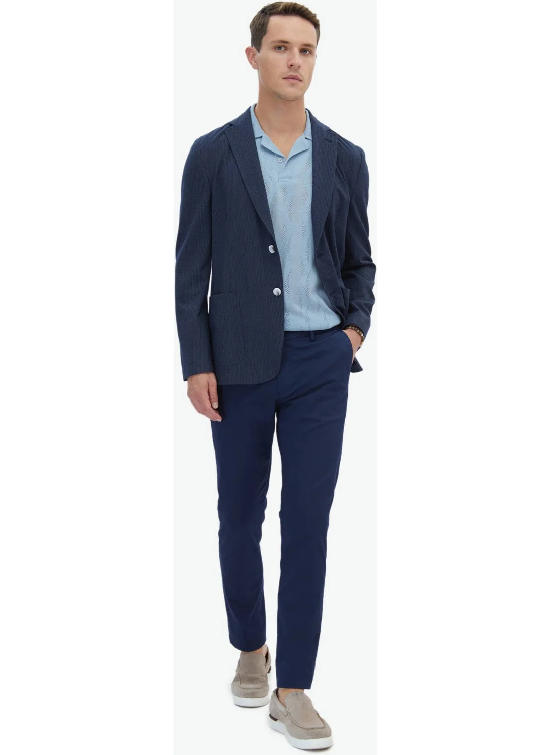 Kip Navy Blue Striped Modern Fit Jacket