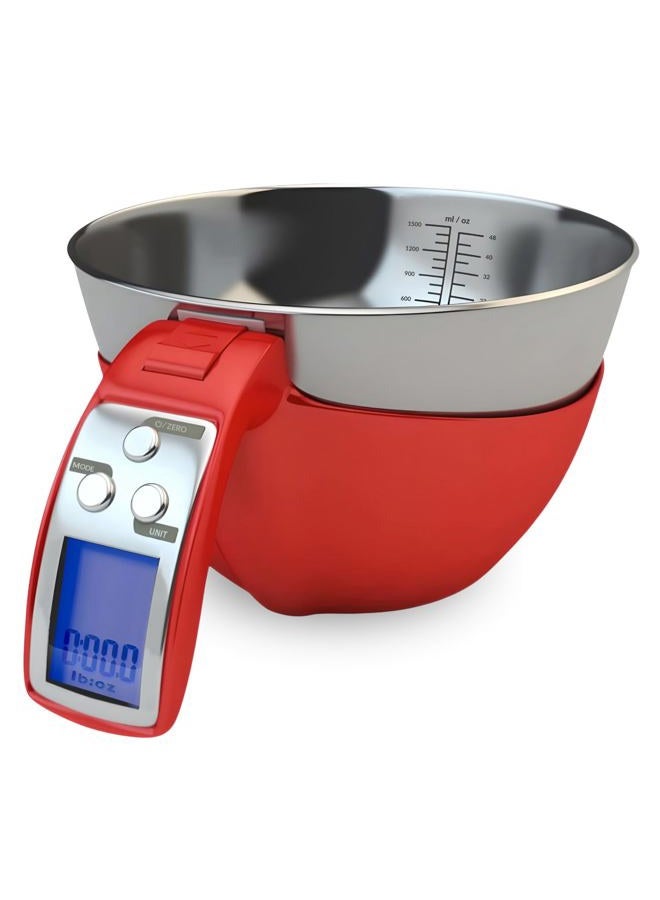 Fradel Digital Kitchen Food Scale with Bowl (Removable) and Measuring Cup - Stainless Steel, Backlight, 11lbs Capacity - Cooking, Baking, Gym, Diet - Precise Measuring (Red) - Image 1