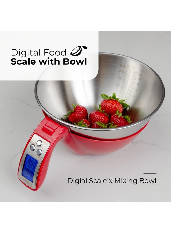 Fradel Digital Kitchen Food Scale with Bowl (Removable) and Measuring Cup - Stainless Steel, Backlight, 11lbs Capacity - Cooking, Baking, Gym, Diet - Precise Measuring (Red) - Image 2