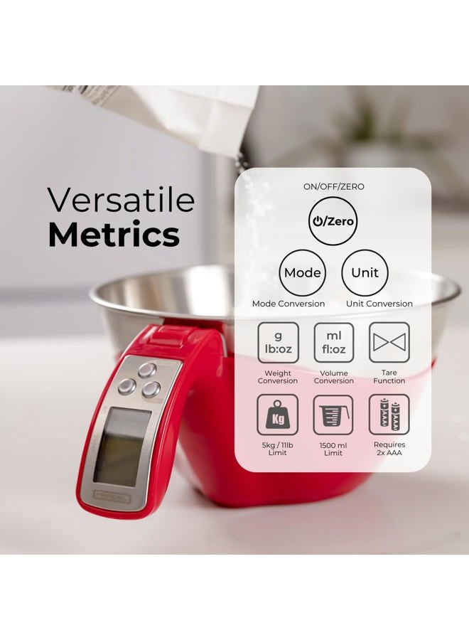 Fradel Digital Kitchen Food Scale with Bowl (Removable) and Measuring Cup - Stainless Steel, Backlight, 11lbs Capacity - Cooking, Baking, Gym, Diet - Precise Measuring (Red) - Image 4