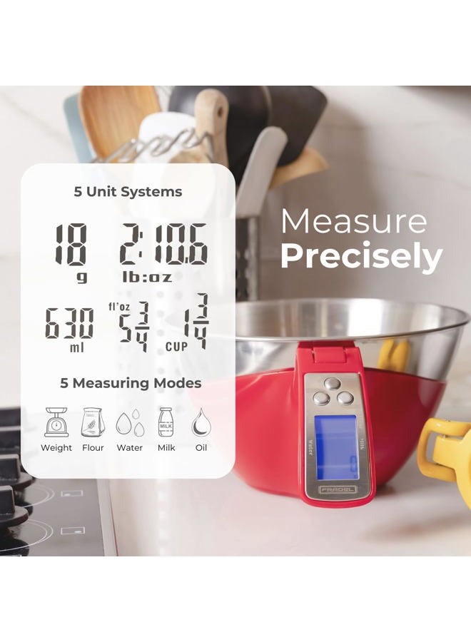 Fradel Digital Kitchen Food Scale with Bowl (Removable) and Measuring Cup - Stainless Steel, Backlight, 11lbs Capacity - Cooking, Baking, Gym, Diet - Precise Measuring (Red) - Image 3