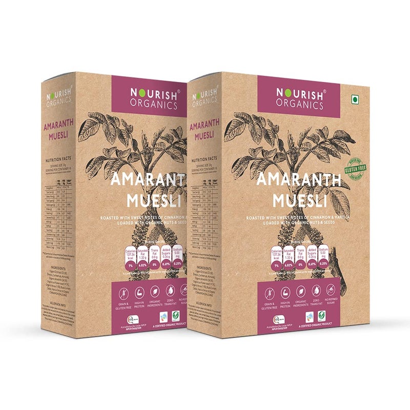 Nourish Organics Amaranth Muesli 280g each Pack of 2 | Healthy and Nutritious Breakfast Cereals with Whole Nuts | No Refined Sugar | Clean Label - Image 1
