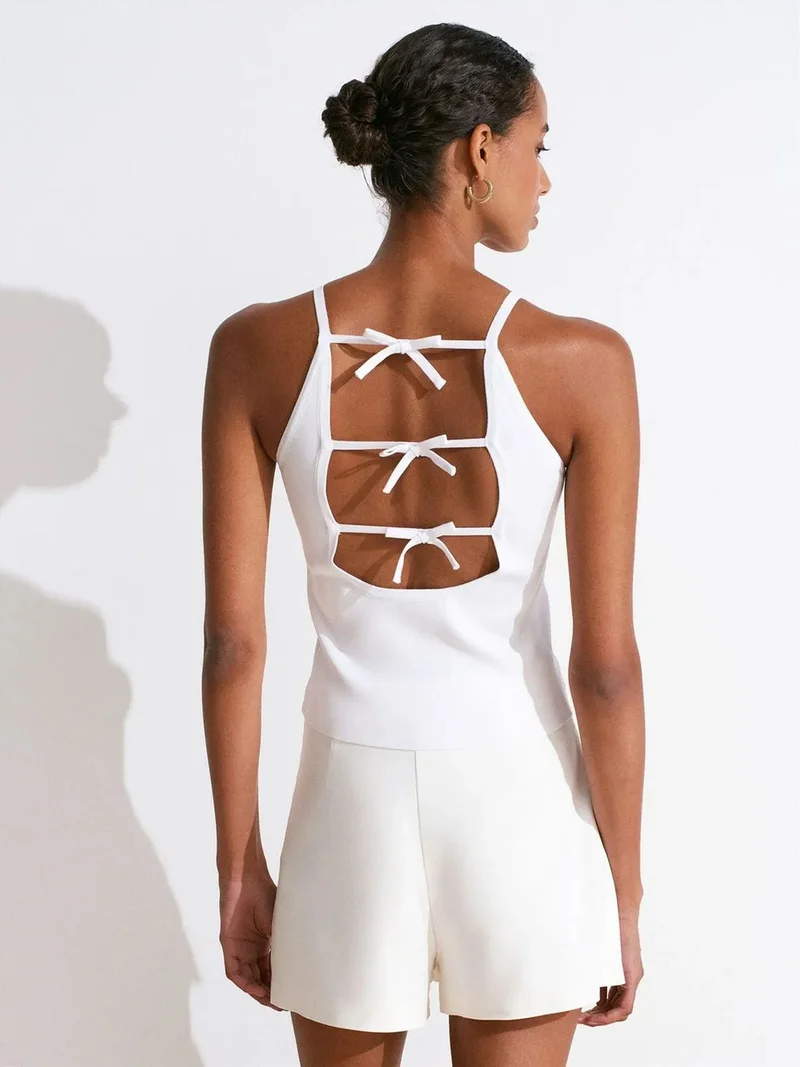 Dilvin DILVIN Slim Fit Halter Knit Blouse With Bow Detail