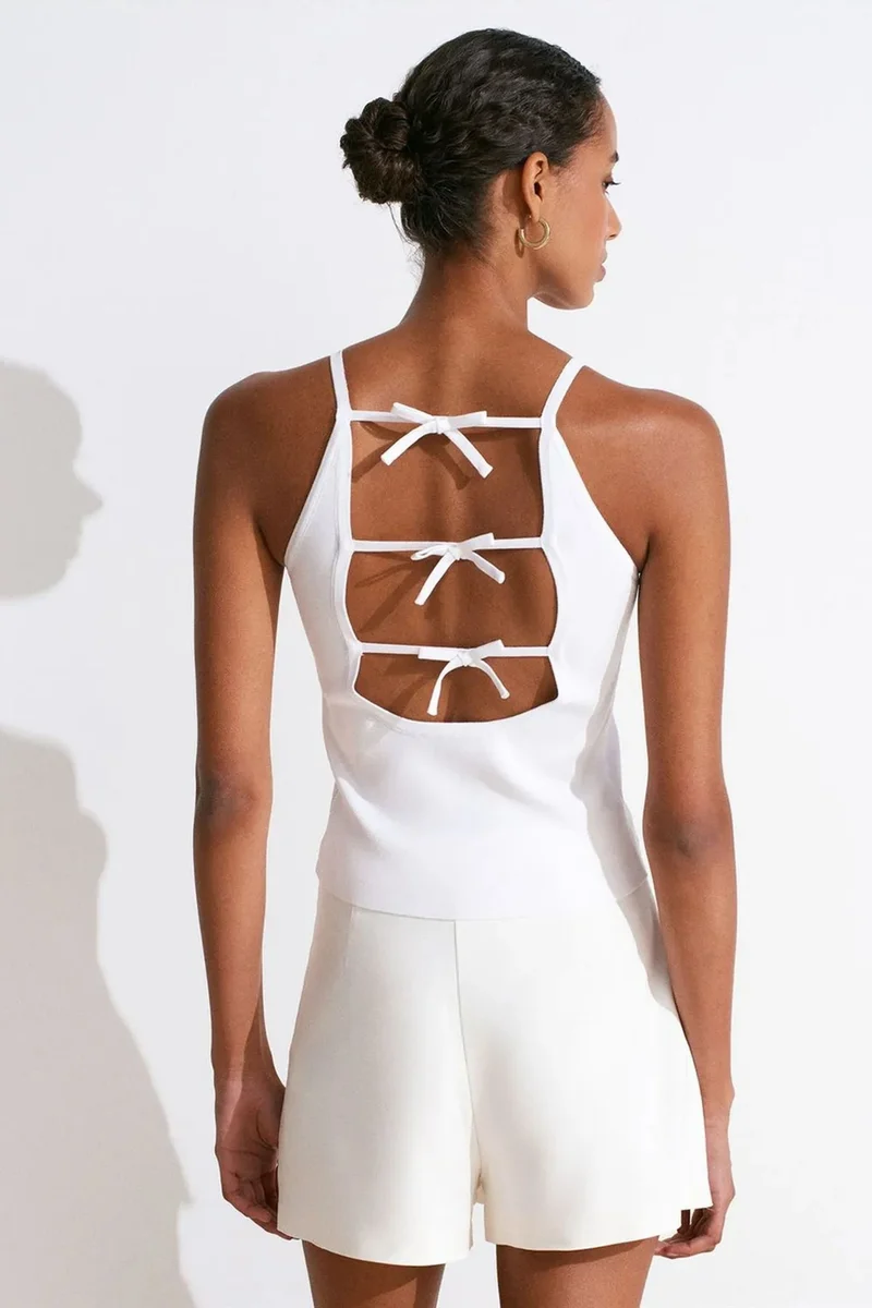 Dilvin White DILVIN Slim Fit Halter Knit Blouse With Bow Detail for Women | Best Price UAE