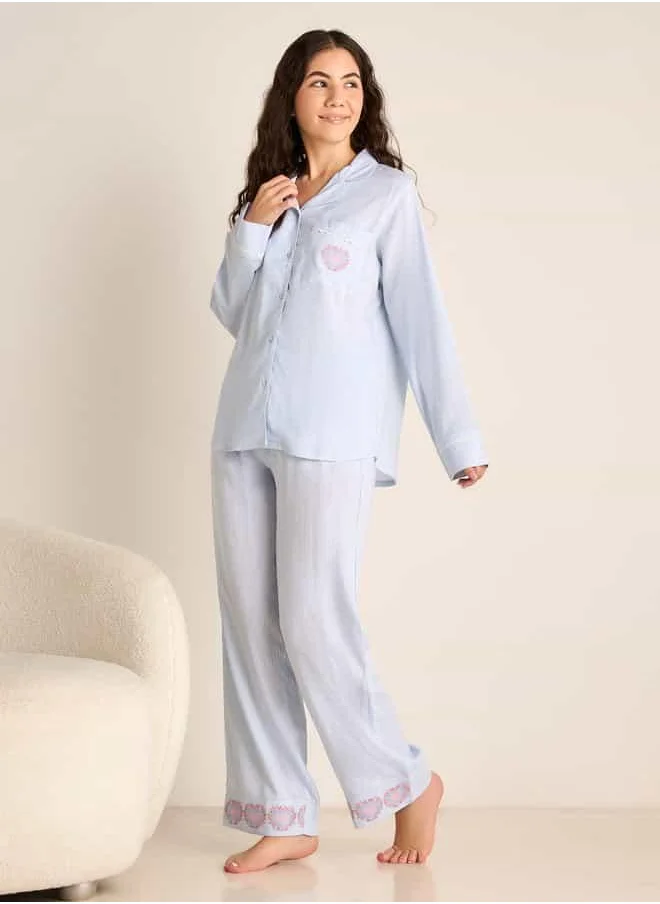 FAV Striped Camp Collar Shirt and Elasticated Pyjama Set