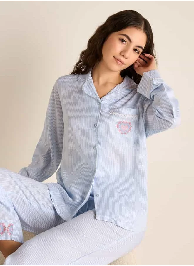 FAV Striped Camp Collar Shirt and Elasticated Pyjama Set