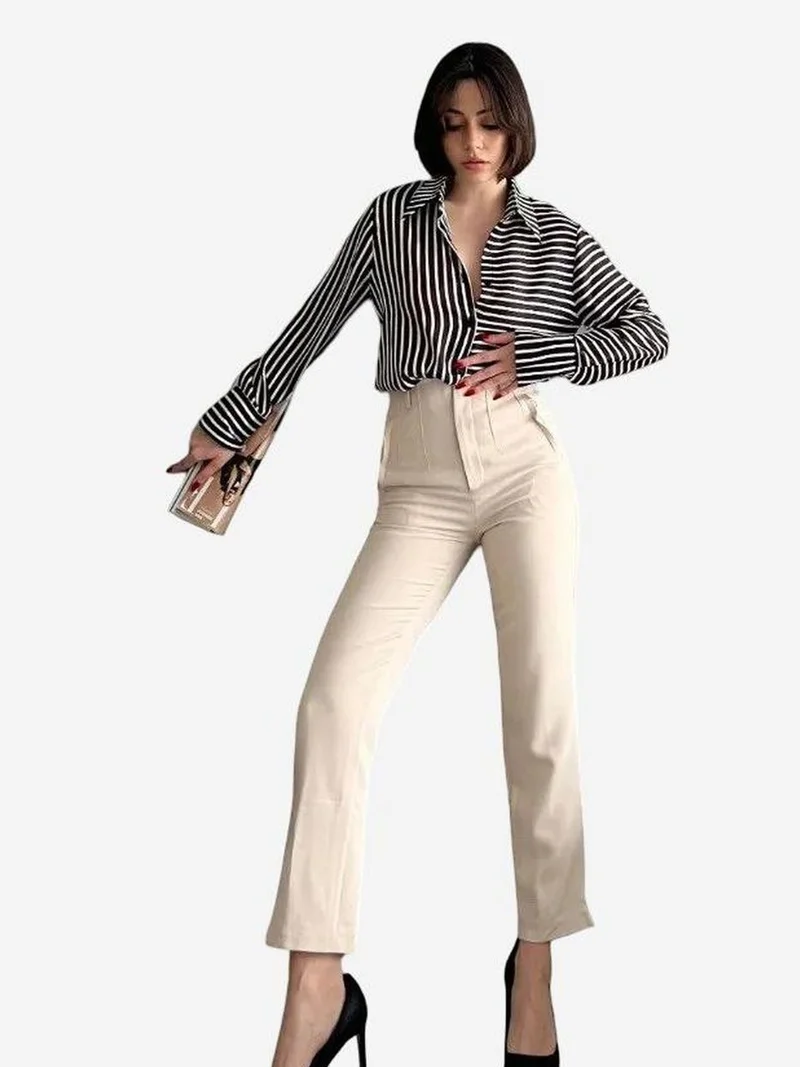 My Fashion Beige Natural MY FASHION High Waist Pleated Tailored Trousers for Women | Best Price UAE