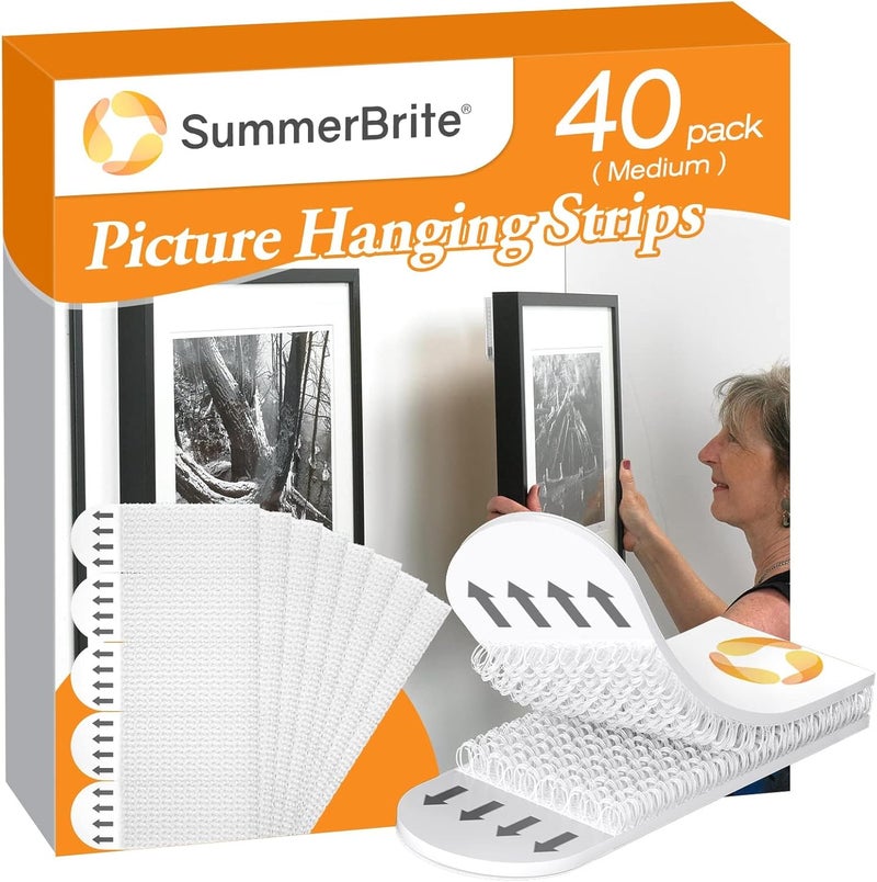 Summerbrite Picture Hanging Strips 40 Strips, Damage Free Removal, Wall Poster Picture Hangers Without Nails, Sticky Hook & Loop Adhesive Strips for Poster/Picture/Home/Office, 20 Pairs/Medium, White - Image 1