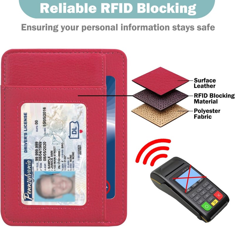Hot Cool Slim Wallet for Men, Minimalist Front Pocket Simple Leather Credit Card Holder RFID Blocking for Men & Women, Thin Organizer Gifts, Litchi - Hot Pink - Image 4