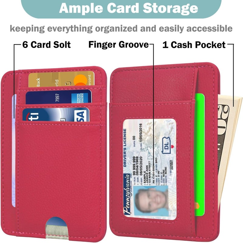 Hot Cool Slim Wallet for Men, Minimalist Front Pocket Simple Leather Credit Card Holder RFID Blocking for Men & Women, Thin Organizer Gifts, Litchi - Hot Pink - Image 2