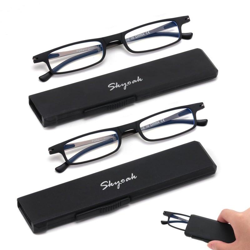SKYOAK 2 Pack Ultra Thin Lightweight Folding Reading Glasses Women Men TR90 Blue Light Blocking Anti UV/Eyestrain Foldable Compact Computer Readers Portable Unique Stretchable Slim Flat case Black +1.0 - Image 1
