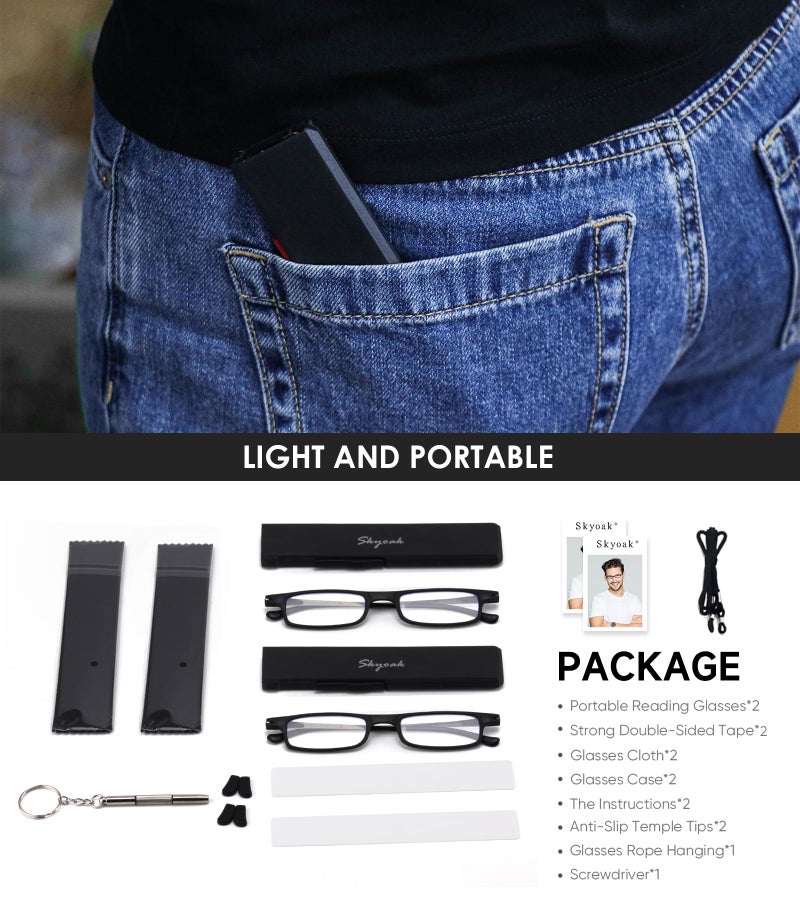 SKYOAK 2 Pack Ultra Thin Lightweight Folding Reading Glasses Women Men TR90 Blue Light Blocking Anti UV/Eyestrain Foldable Compact Computer Readers Portable Unique Stretchable Slim Flat case Black +1.0 - Image 3