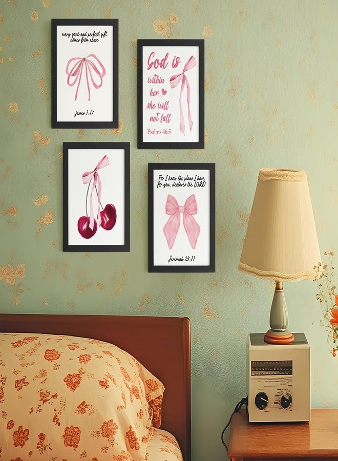 DSHFG Coquette Pink Bow Cherry Bible Verse Wall Decor, Preppy Pink Room Decor for Teen Girls Dorm Bedroom Bathroom, Christian Scripture Wall Art Prints Set of 4, 8x10 Unframed - Image 4