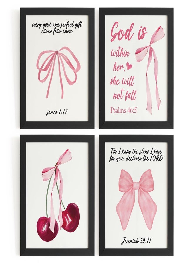 DSHFG Coquette Pink Bow Cherry Bible Verse Wall Decor, Preppy Pink Room Decor for Teen Girls Dorm Bedroom Bathroom, Christian Scripture Wall Art Prints Set of 4, 8x10 Unframed - Image 1