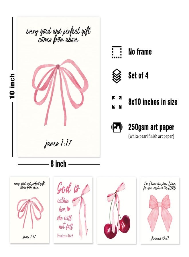 DSHFG Coquette Pink Bow Cherry Bible Verse Wall Decor, Preppy Pink Room Decor for Teen Girls Dorm Bedroom Bathroom, Christian Scripture Wall Art Prints Set of 4, 8x10 Unframed - Image 2