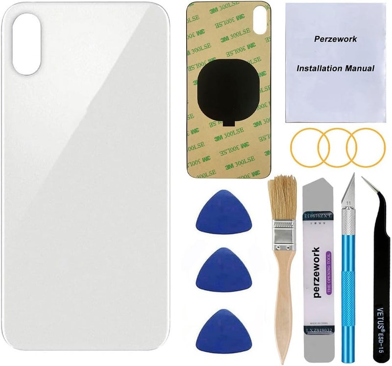 Perzework استبدال زجاج خلفي أصلي لجهاز iPhone Xs Max 6.5 بوصة مع مجموعة أدوات الإصلاح ومواد لاصقة مثبتة مسبقًا (فضي) - Image 1