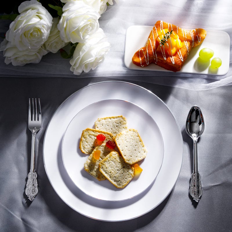 KIRE 100PCS Silver Plastic Plates - Heavy Duty White Disposable Plates with Silver Rim for Party/Wedding - Include 50Pcs 10.25inch Dinner Plates and 50Pcs 7.5inch Dessert Plates - Image 3