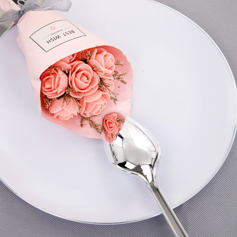 KIRE 100PCS Silver Plastic Plates - Heavy Duty White Disposable Plates with Silver Rim for Party/Wedding - Include 50Pcs 10.25inch Dinner Plates and 50Pcs 7.5inch Dessert Plates - Image 5