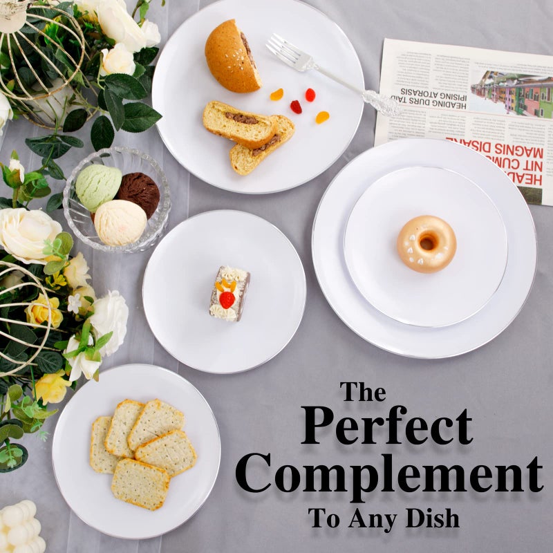 KIRE 100PCS Silver Plastic Plates - Heavy Duty White Disposable Plates with Silver Rim for Party/Wedding - Include 50Pcs 10.25inch Dinner Plates and 50Pcs 7.5inch Dessert Plates - Image 4