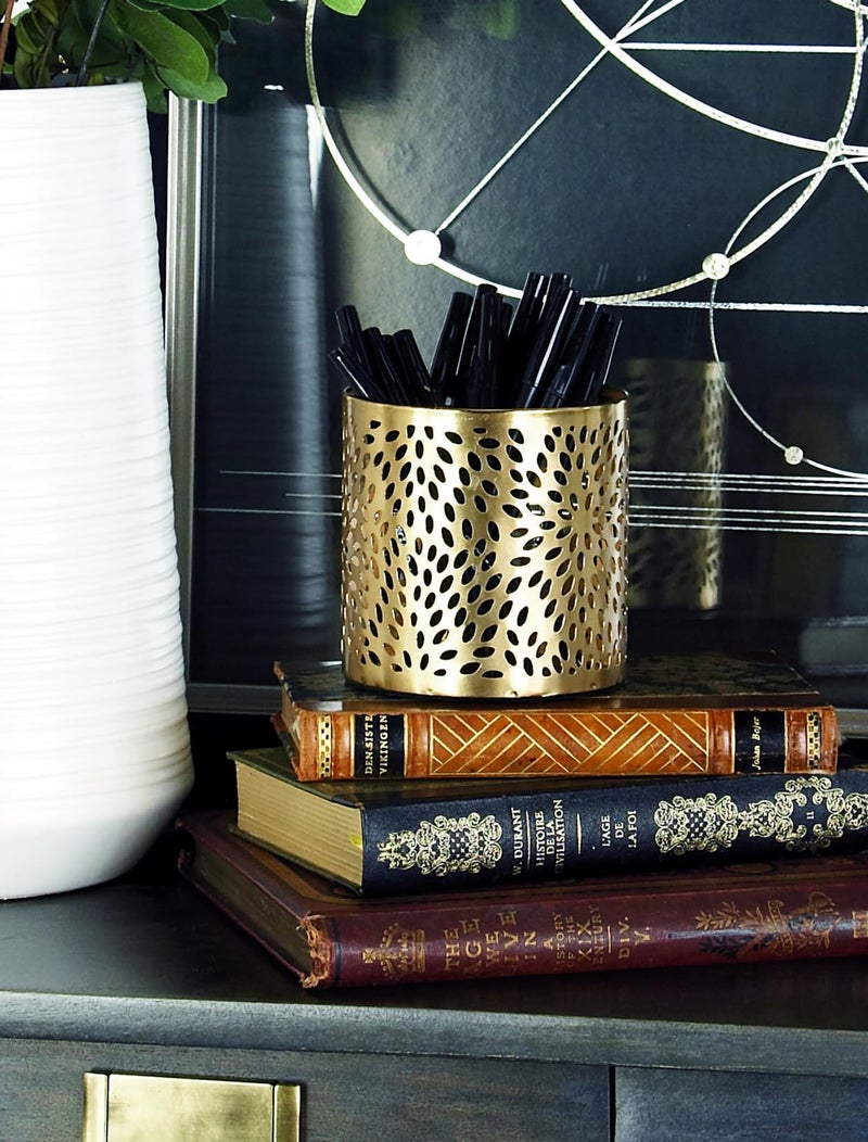 Deco 79 Metal Cylinder Pencil Cup with Laser Carved Floral Design, 4" x 4" x 4", Gold - Image 3