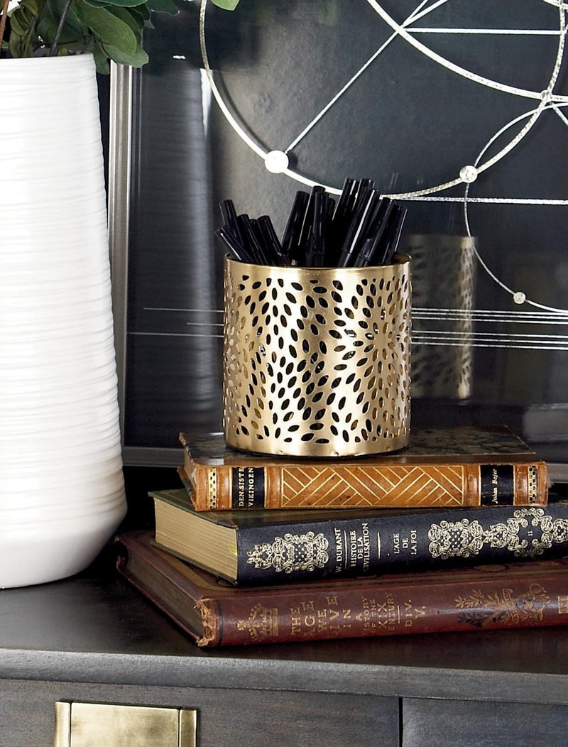 Deco 79 Metal Cylinder Pencil Cup with Laser Carved Floral Design, 4" x 4" x 4", Gold - Image 5