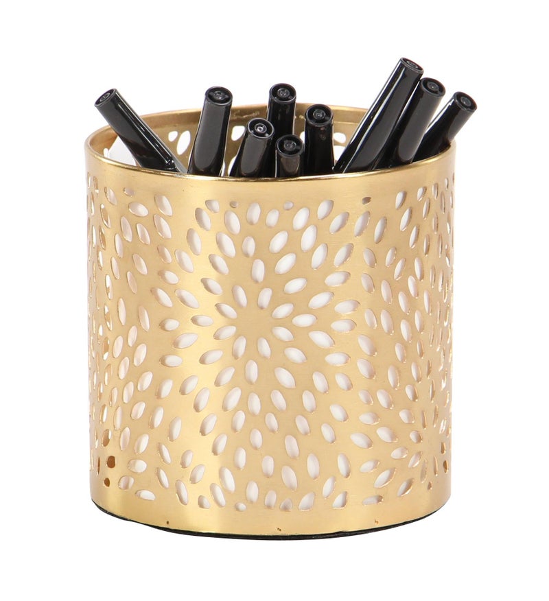 Deco 79 Metal Cylinder Pencil Cup with Laser Carved Floral Design, 4" x 4" x 4", Gold - Image 1
