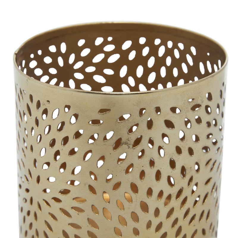 Deco 79 Metal Cylinder Pencil Cup with Laser Carved Floral Design, 4" x 4" x 4", Gold - Image 2