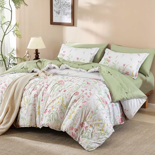 Yiran 7 Piece Pink Green Floral Comforter Set King Size, Cute Watercolour Botanical Comforter Bedding Set, Bed in a Bag Queen, Soft Microfiber Complete Bedding Set with Sheets for All Season - Image 1