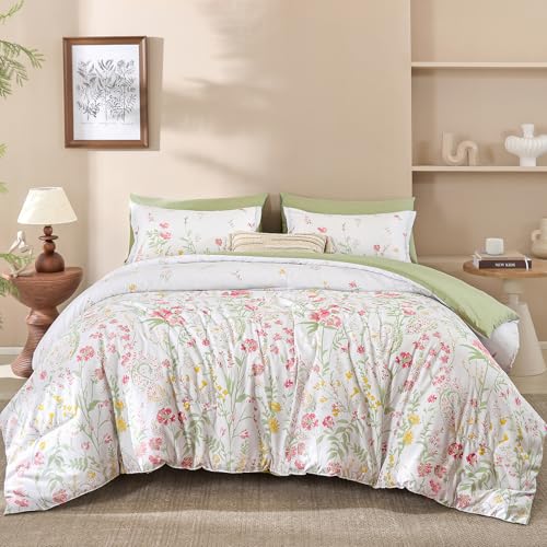 Yiran 7 Piece Pink Green Floral Comforter Set King Size, Cute Watercolour Botanical Comforter Bedding Set, Bed in a Bag Queen, Soft Microfiber Complete Bedding Set with Sheets for All Season - Image 2