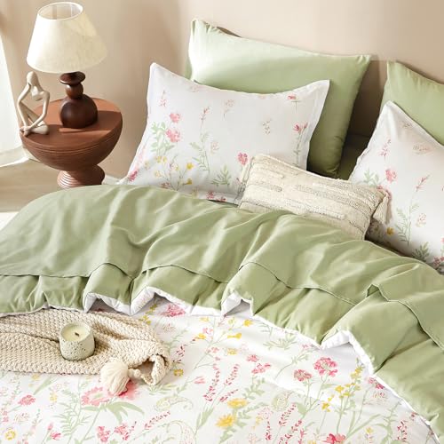 Yiran 7 Piece Pink Green Floral Comforter Set King Size, Cute Watercolour Botanical Comforter Bedding Set, Bed in a Bag Queen, Soft Microfiber Complete Bedding Set with Sheets for All Season - Image 4