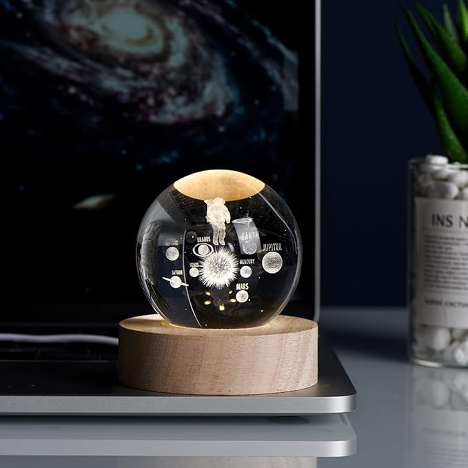 XERGY 3D Crystal Ball Astronaut Solar System LED Night Light for Kids with Wooden Base 2.36 inches USB Powered Planet Science Educational Birthday Gift for Teens Boys Kids Room Bedroom Decor - Image 3
