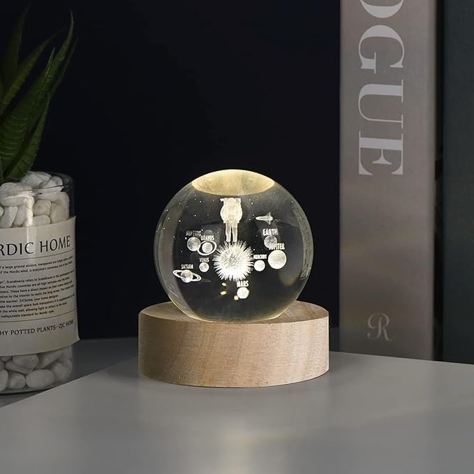 XERGY 3D Crystal Ball Astronaut Solar System LED Night Light for Kids with Wooden Base 2.36 inches USB Powered Planet Science Educational Birthday Gift for Teens Boys Kids Room Bedroom Decor - Image 1