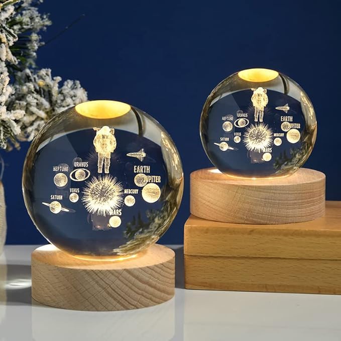 XERGY 3D Crystal Ball Astronaut Solar System LED Night Light for Kids with Wooden Base 2.36 inches USB Powered Planet Science Educational Birthday Gift for Teens Boys Kids Room Bedroom Decor - Image 2