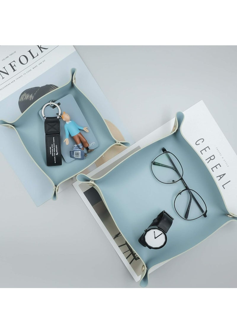 Oasisgalore 2 Sized Leather Valet Tray, Folding Organizer for Travel/Home/Office, Blue & Green Plain Weave. - Image 2