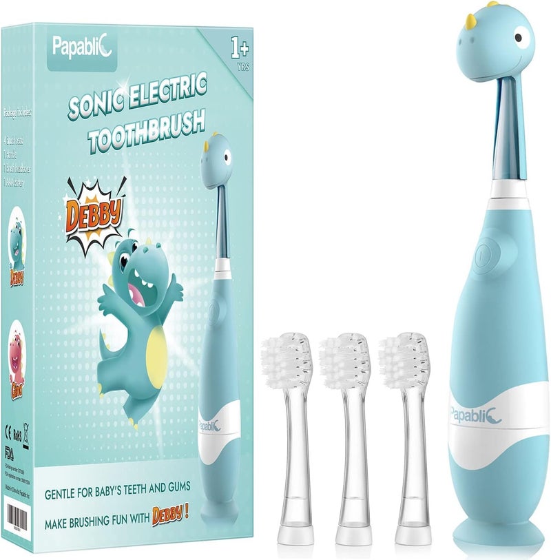 Papablic Toddler Sonic Electric Toothbrush Kids for Ages 1-3 Years, Baby Electric Toothbrush with Cute Dino Cover and Smart LED Timer, 4 Brush Heads (Debby) - Image 1