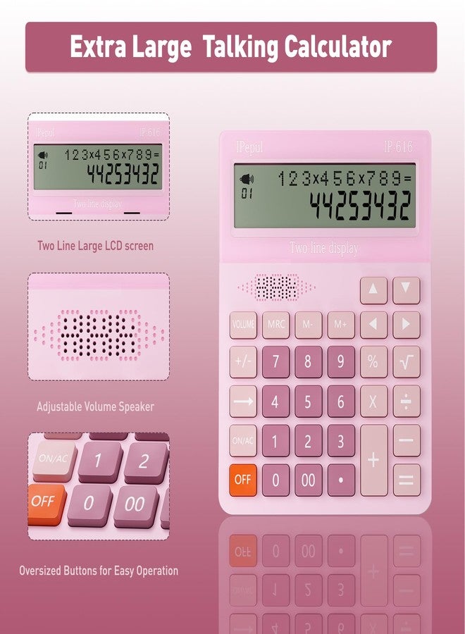 iPepul Calculators Desktop, Desk Calculator with Large 2 Line Display, Talking Basic Calculator with big Button & Adjustable Volume, 4 Function Calculators for Business, Students,School Office Supplies(Pink) - Image 2