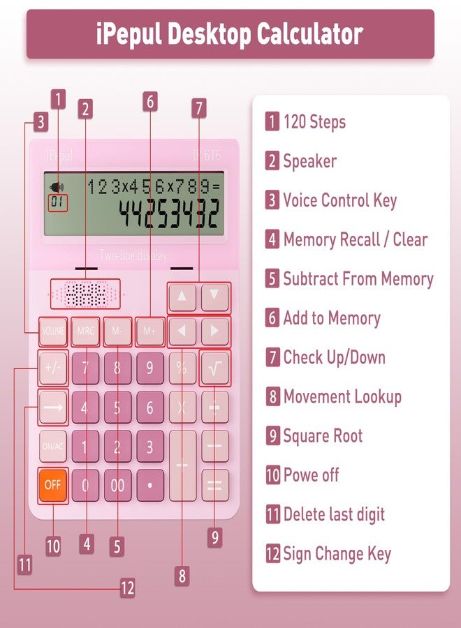 iPepul Calculators Desktop, Desk Calculator with Large 2 Line Display, Talking Basic Calculator with big Button & Adjustable Volume, 4 Function Calculators for Business, Students,School Office Supplies(Pink) - Image 4