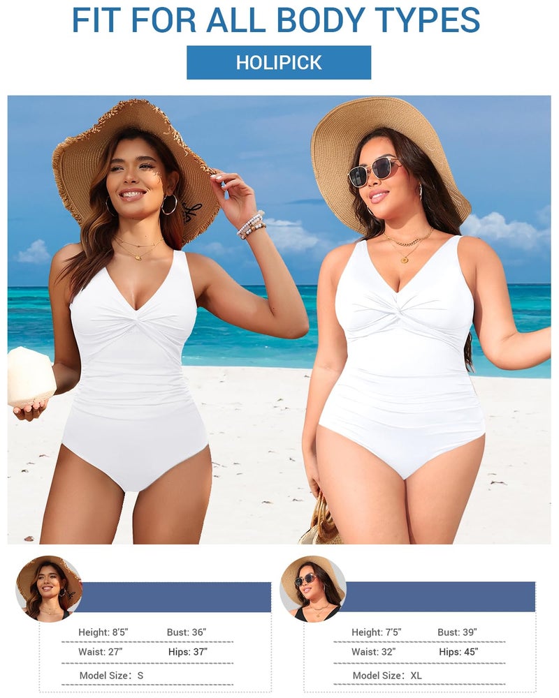 Holipick White Women Tummy Control One Piece Swimsuit - Push Up Bathing Suit Full Coverage Slimming Swimwear XL - Image 5