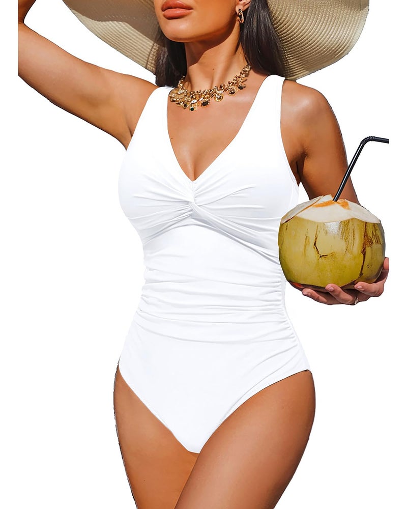 Holipick White Women Tummy Control One Piece Swimsuit - Push Up Bathing Suit Full Coverage Slimming Swimwear XL - Image 1