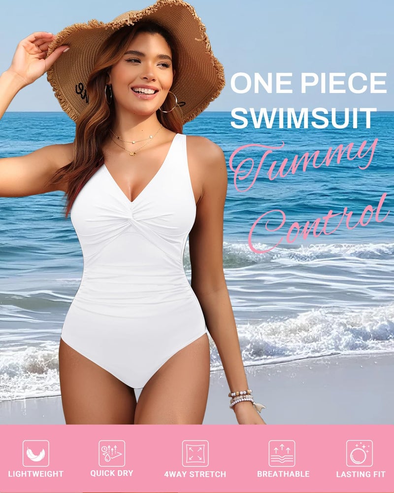Holipick White Women Tummy Control One Piece Swimsuit - Push Up Bathing Suit Full Coverage Slimming Swimwear XL - Image 4