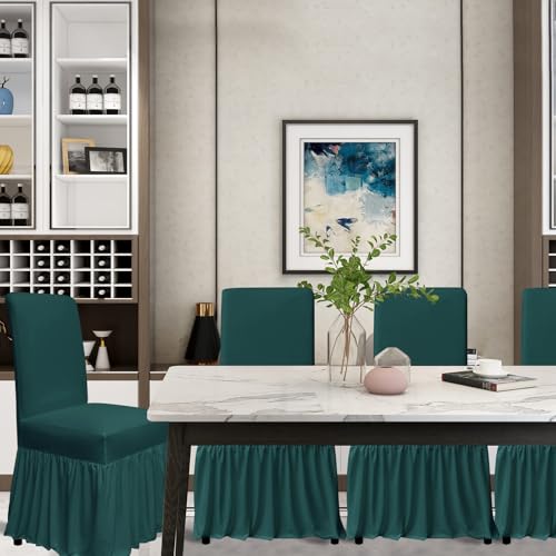 molasofa Chair Covers for Dining Room Set of 4 Stretch Chair Slipcovers with Skirt for Kitchen Seat Protectors Wedding Banquet Decor Kids Pets Spandex Fabric Washable (4pcs, Dark Green) - Image 2