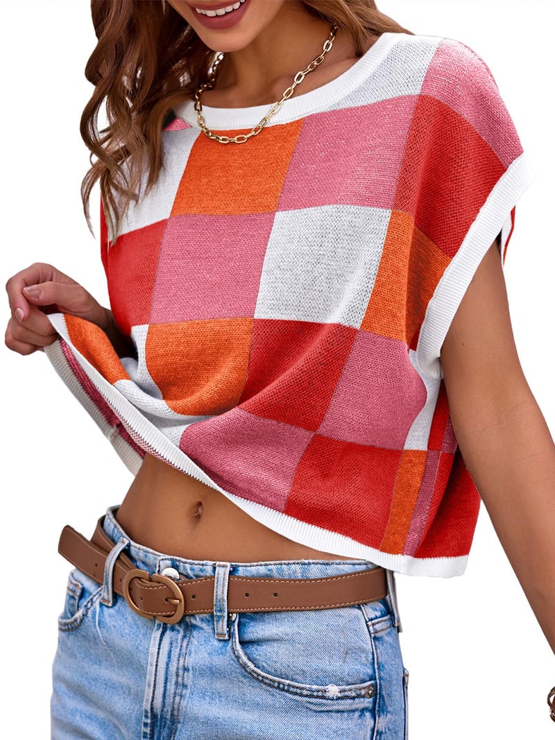 Saodimallsu Womens Cap Sleeve Crop Tops Summer Color Block Going Out Crew Neck Knit Trendy Casual Sweater Red - Image 3