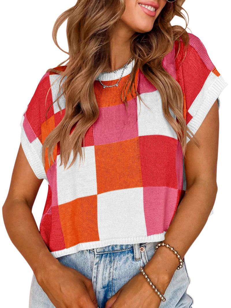 Saodimallsu Womens Cap Sleeve Crop Tops Summer Color Block Going Out Crew Neck Knit Trendy Casual Sweater Red - Image 1