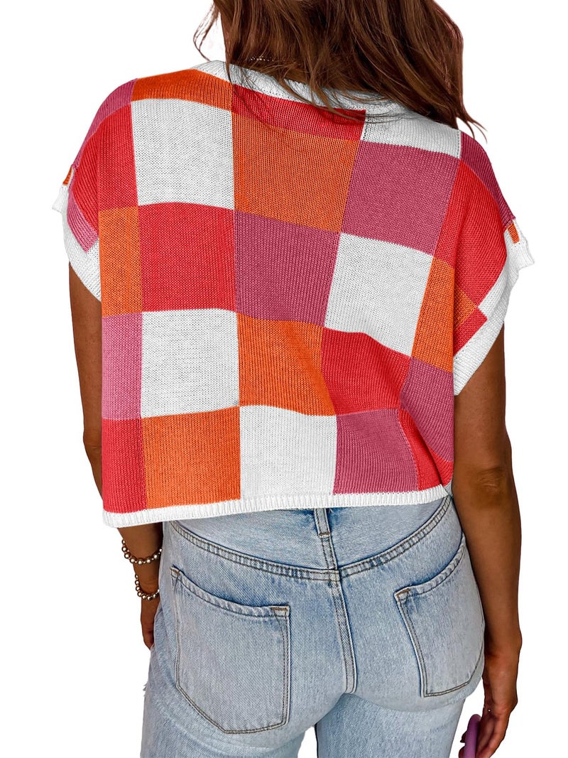 Saodimallsu Womens Cap Sleeve Crop Tops Summer Color Block Going Out Crew Neck Knit Trendy Casual Sweater Red - Image 4