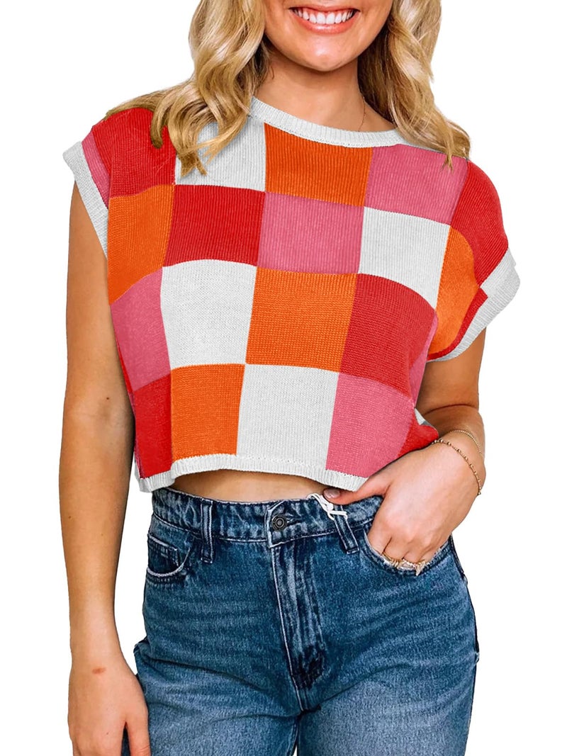 Saodimallsu Womens Cap Sleeve Crop Tops Summer Color Block Going Out Crew Neck Knit Trendy Casual Sweater Red - Image 2
