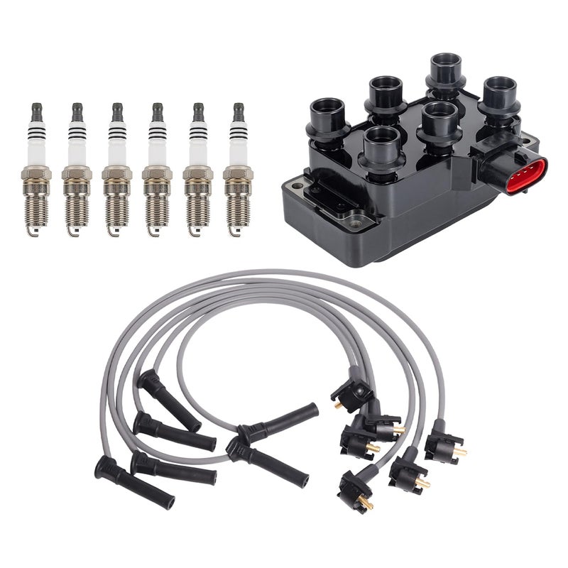 ENA Set of 1 Ignition Coil Pack and 6 Spark Plugs with Wire Set 2001-2011 Compatible with Ford Mustang Ranger 4.0L V6 Replacement for FD480 FD490 26686 - Image 1
