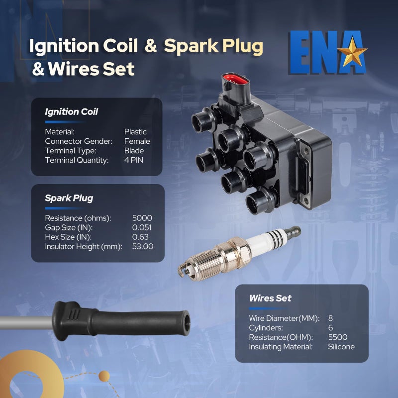 ENA Set of 1 Ignition Coil Pack and 6 Spark Plugs with Wire Set 2001-2011 Compatible with Ford Mustang Ranger 4.0L V6 Replacement for FD480 FD490 26686 - Image 2