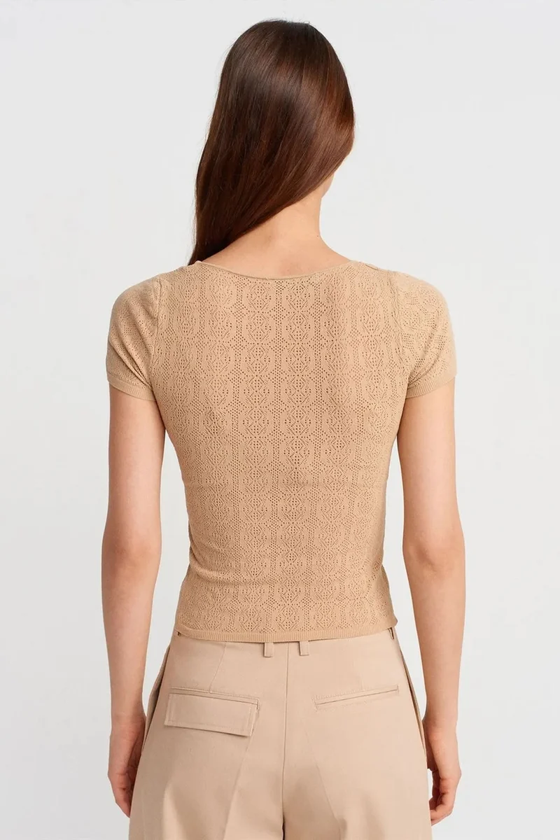 Dilvin Beige Natural DILVIN Slim Fit Ribbed Textured Blouse for Women | Best Price UAE